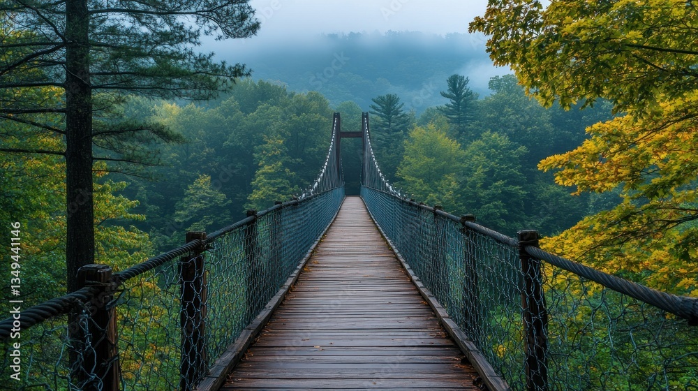 Obraz premium Misty autumn morning view from a wooden suspension bridge extending into a lush green forest