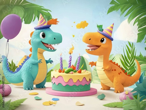 Fototapeta Naklejka Na Ścianę i Meble -  Two colorful cartoon dinosaurs celebrate a birthday party with a vibrant cake adorned with candles, surrounded by festive decorations and tropical foliage in a cheerful atmosphere