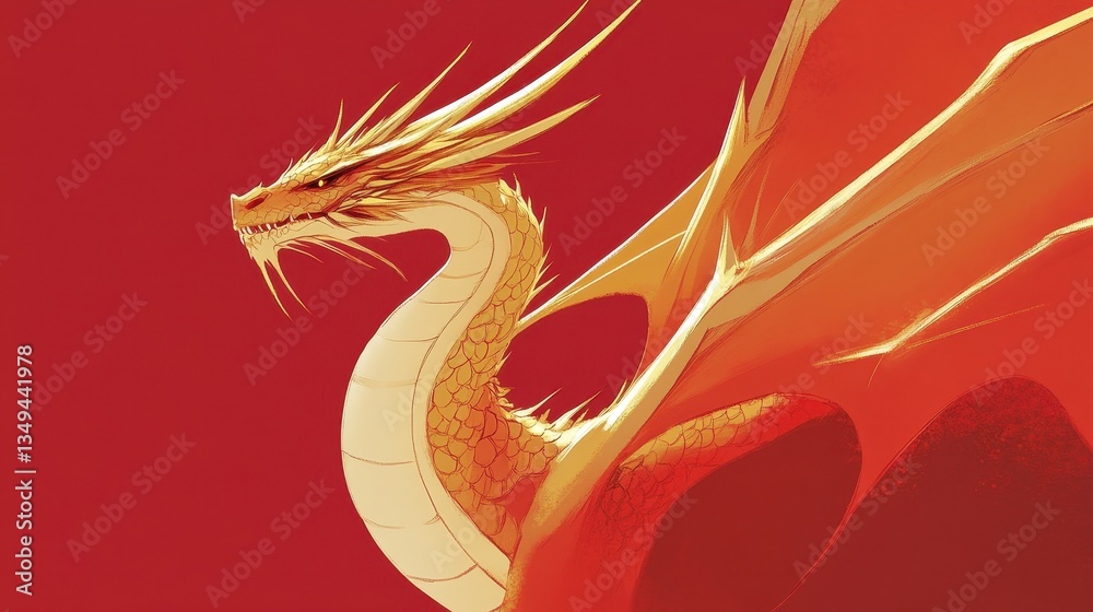 Fototapeta premium Majestic Golden Dragon with Fiery Red Wings