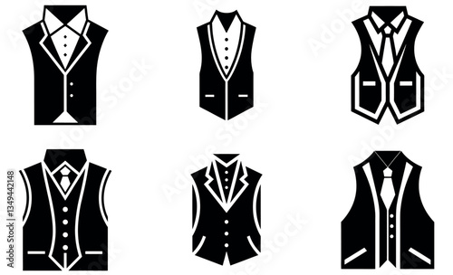 black and white icons depicting different styles of men's formal vests.
