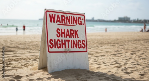 Warning Sign on Sandy Beach Alerts of Potential Shark Sightings