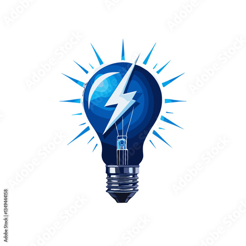 The image depicts a simple blue light bulb design with a prominent lightning bolt inside, symbolizing creativity, innovation, and energy