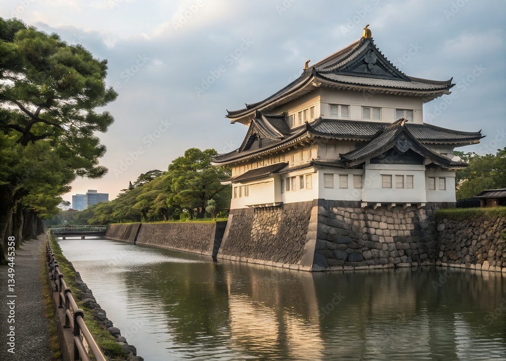 Serene Edo Castle gatehouse standing proudly beside a tranquil moat, reflecting the calm evening light in its still waters. Serene Edo Castle gatehouse standing proudly beside a tranquil moat, reflecting the calm evening light in its still waters.