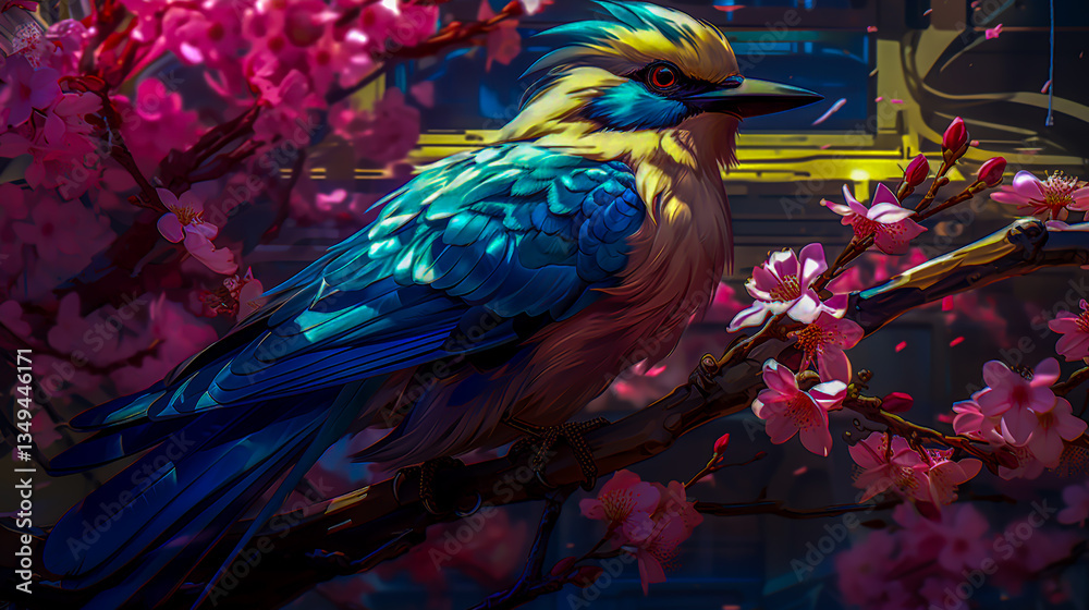 Fototapeta premium A Bluebird Perched Among Colorful Blossoms in a Serene Garden