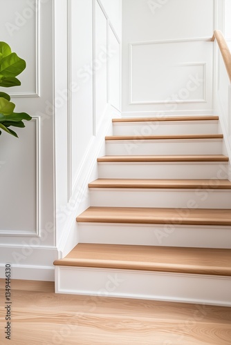 A staircase with a plant on the bottom step. The staircase is made of wood and has a white railing