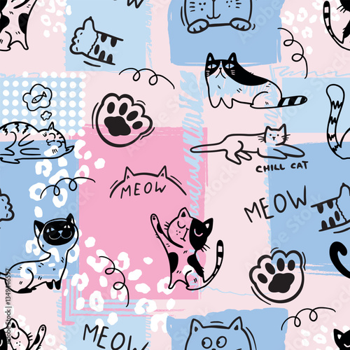 Cute seamless pattern with cats.
kids hand drawn kitty . Pattern for t-shirt, textile, fabric, web, poster, card and other design.
