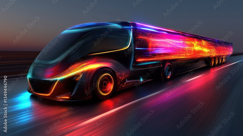 Futuristic semi-truck speeding on highway at night, vibrant light trails Futuristic semi-truck speeding on highway at night, vibrant light trails