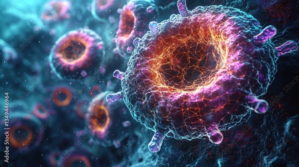 Microscopic Virus Cell Structure: A Detailed 3D Render of a Virus Particle Microscopic Virus Cell Structure: A Detailed 3D Render of a Virus Particle