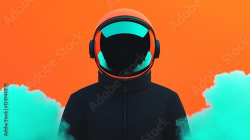  A minimalist futuristic portrait of an astronaut in a black suit and orange helmet, surrounded by cyan smoke against a flat color background. 