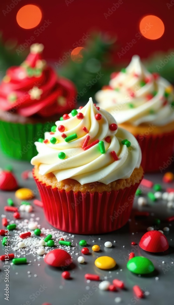 Colorful cupcakes with candy sprinkles on a festive holiday table, festive, sprinkles, red and green Colorful cupcakes with candy sprinkles on a festive holiday table, festive, sprinkles, red and green