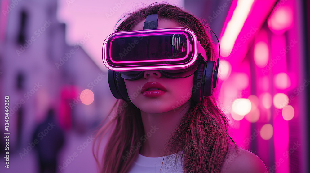 A user wears a VR headset and explores the metaverse world A user wears a VR headset and explores the metaverse world