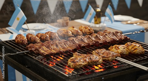 Grilling Asado Ribs and Chicken with Argentinian Flags for Celebration