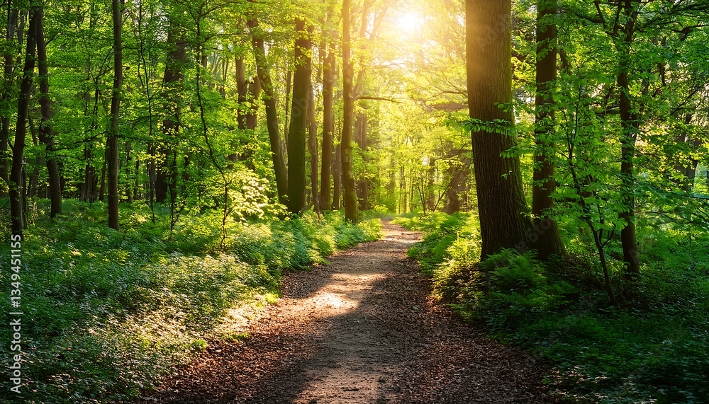 Fototapeta premium A forest path covered in sunlight and fresh greenery.