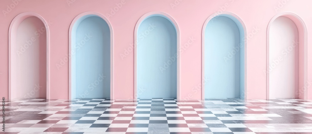 Five arched openings stand inside a pink and checkered room Five arched openings stand inside a pink and checkered room