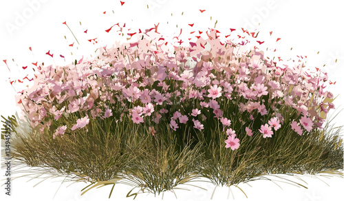 Pink springtime meadow, vector flowery landscape, vibrant blossoms, blooming flowers, spring nature, pastel colors, serene garden, outdoor scenery, floral backdrop