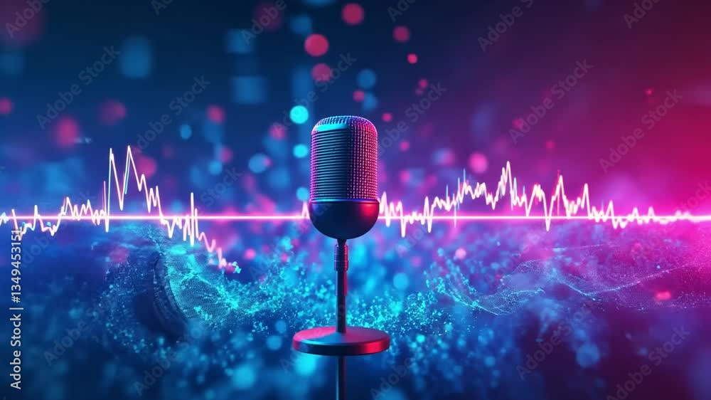 Vibrant Microphone with Audio Waveforms in a Colorful Digital Environment Representing Music and Sound Technology