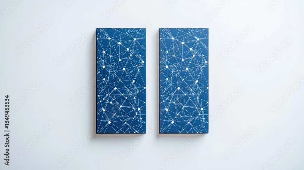 Two rectangular blue artworks with white interconnected line design Two rectangular blue artworks with white interconnected line design
