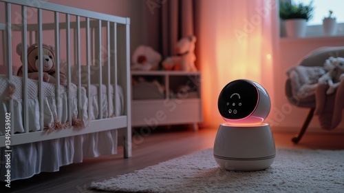 Smart baby monitor with calming lights in a serene nursery setting.