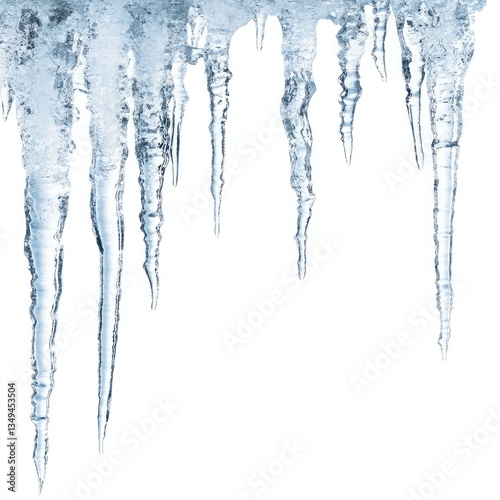Stunning Collection of Icicles Hanging Down Against White Background Winter Season Frozen Water Ice Crystals Nature Photography