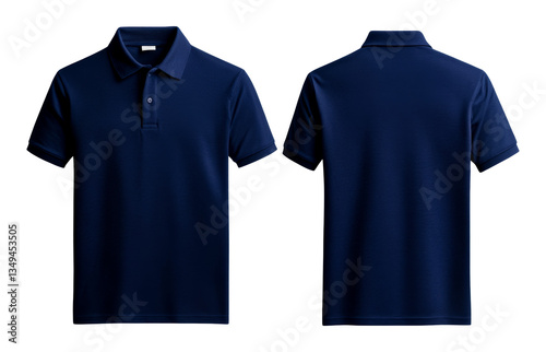 Fashionable unisex dark blue polo t-shirt, front and back views, cut out transparent
