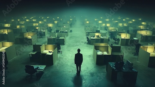 Fototapeta Naklejka Na Ścianę i Meble -  Lone figure in vast, dimly lit office space