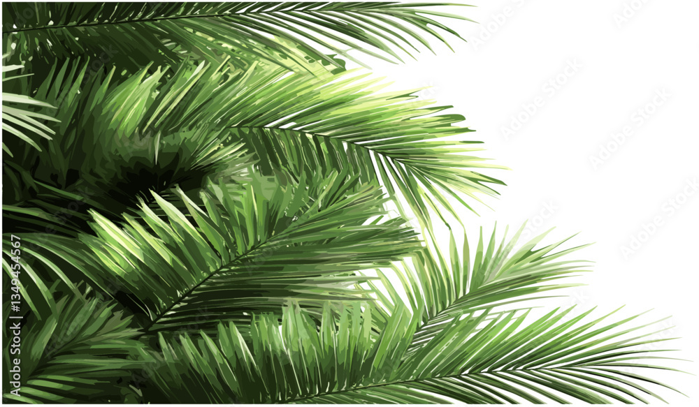 Naklejka premium Realistic palm leaves corner, vector palm shrubs, transparent background, PNG, tropical foliage, exotic plants, nature design, tropical corner, lush palm, greenery, summer vibes