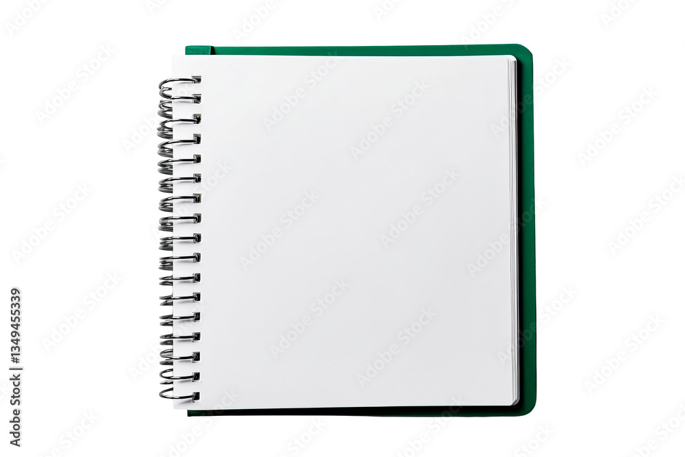 Open green notebook, spiral bound, blank pages detail, cut out transparent Open green notebook, spiral bound, blank pages detail, cut out transparent