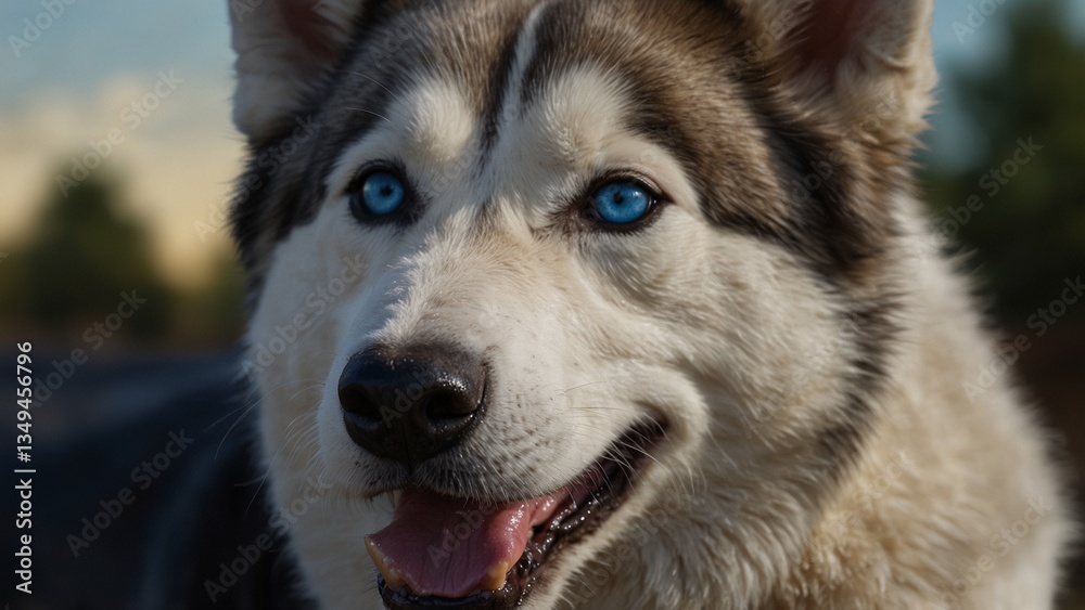 A hyper-realistic portrait of a Siberian Husky with deep blue eyes, slightly smiling with its signature husky grin A hyper-realistic portrait of a Siberian Husky with deep blue eyes, slightly smiling with its signature husky grin