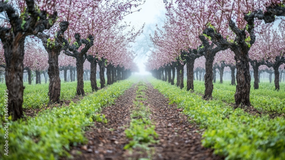 Misty orchard path lined with blossoming trees Misty orchard path lined with blossoming trees