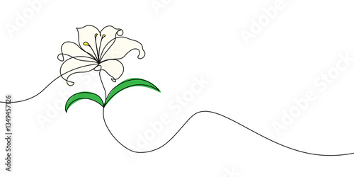 A delicate and artistic one-line drawing of a blooming lily flower in color with leaves, created in a minimalist style. Lily flower one line icon. Continuous line flower in color. Vector illustration