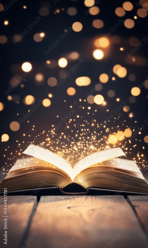 An open book emits sparkling lights against a dark background, creating a magical atmosphere.