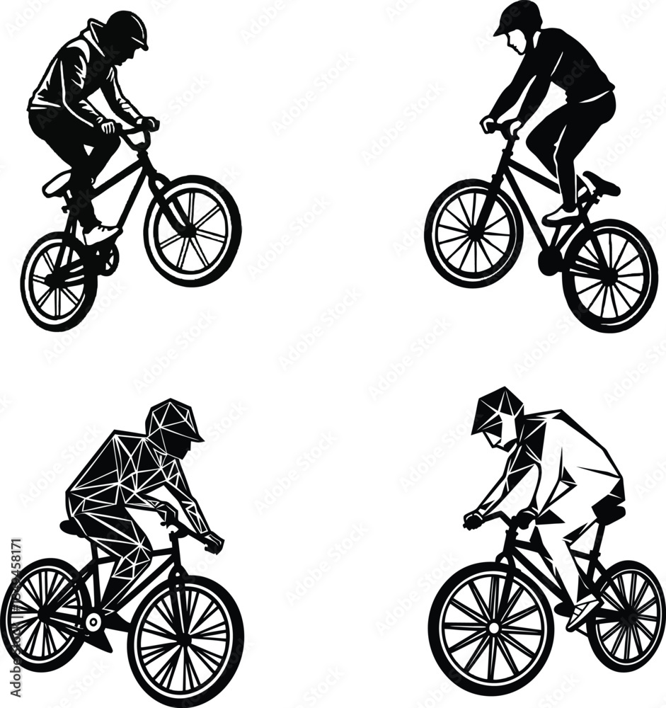 Obraz premium Vector style silhouette of a BMX rider performing a trick, featuring a unique abstract geometric pattern inside the front wheel. High contrast black and-white design, perfect for sports, cycling, and