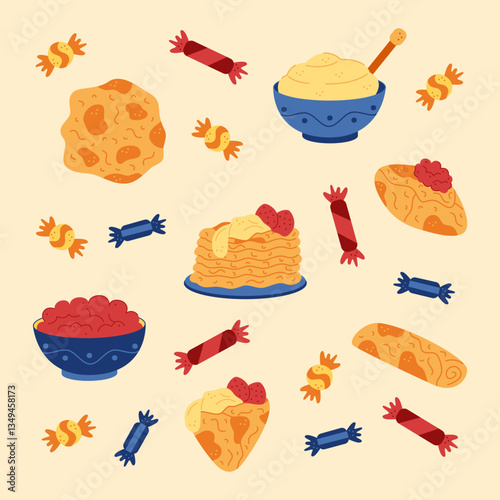 Pancakes and candies. Hand drawn illustration for you projects.