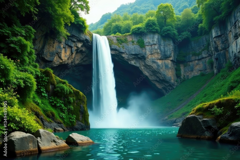 Naklejka premium Emerald Waterfalls cascading down rugged granite walls, waterfalls, botanicals