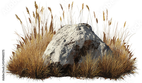 Savanna dry grass field with rock cutout, transparent background PNG, African landscape, nature background, savanna grassland, arid terrain, wilderness, outdoor environment