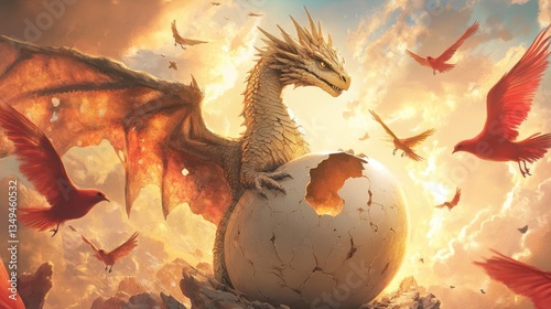 Dragon hatching from egg, birds flying, sunset sky, fantasy art, book cover