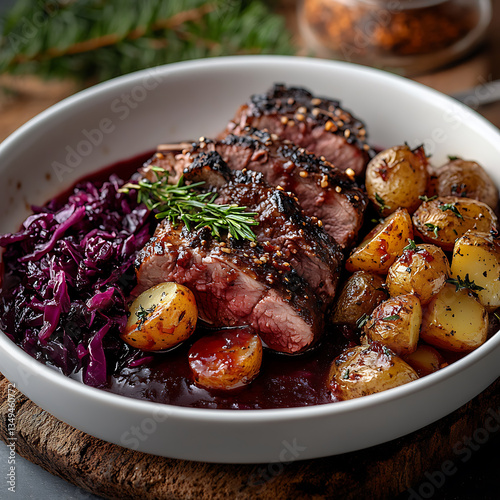 delicious plate featuring tender roast meat, accompanied by roasted potatoes and vibrant red cabbage, all drizzled with rich sauce, creating warm and inviting meal