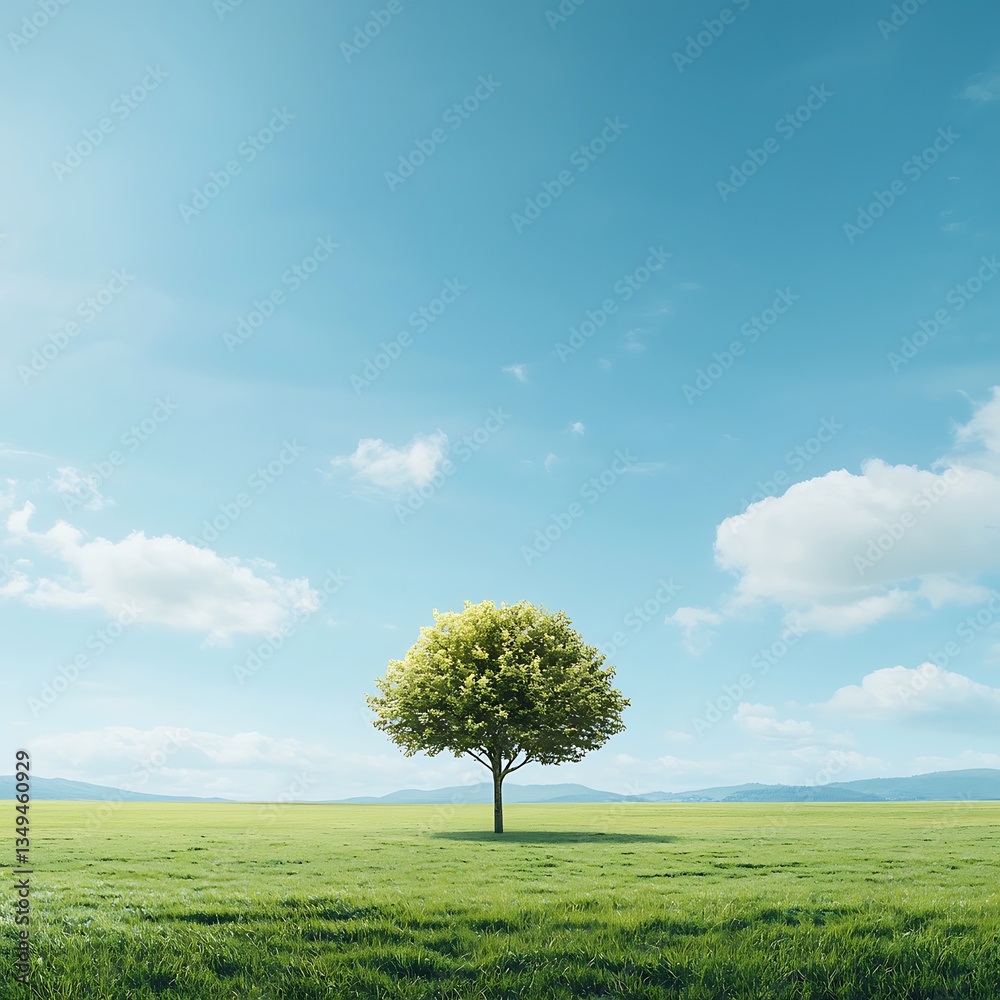 Obraz premium Lone tree with green field, and blue sky.