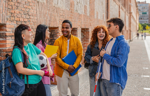Фотография Diverse university students talking and laughing together on campus