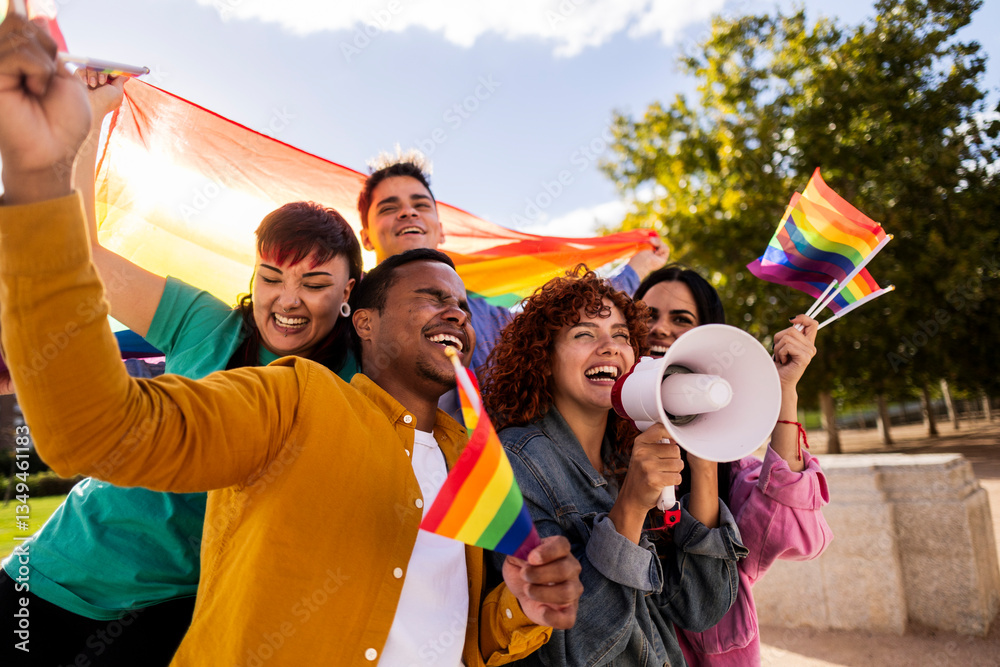 Obraz premium Happy activists protesting for lgbtq plus rights holding rainbow flags and megaphone