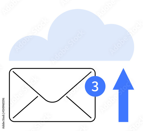 Envelope with notification badge, cloud above, upward arrow indicating transfer. Ideal for communication, email services, updates, cloud storage, file sharing, message delivery modern technology