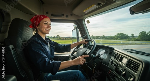 Female caucasian adult truck driver smiling while driving on highway
