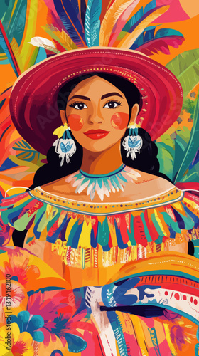 Colorful Colombian Folkloric Dress and Hat Illustration Celebrating Culture