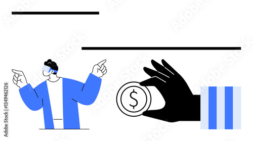 Hand holding coin with dollar sign, businessperson gesturing. Ideal for finance, investment, saving, economy, wealth, negotiation business strategy concepts. Minimalist flat simple metaphor