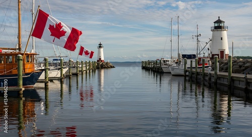 Canadian Flags and Lighthouses at Harbor with Boats Docked on Piers