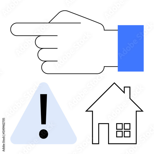 Hand pointing right, blue warning triangle with exclamation mark, and a house icon. Ideal for safety, instructions, warnings, navigation, housing real estate home security. Flat simple metaphor