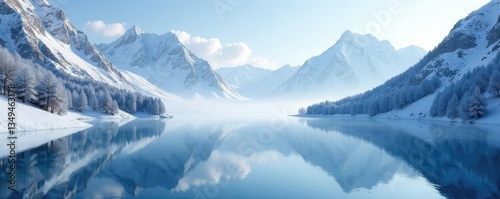 Frosted lake surface reflected in snow covered mountains, mountains, mountainous, whiteout