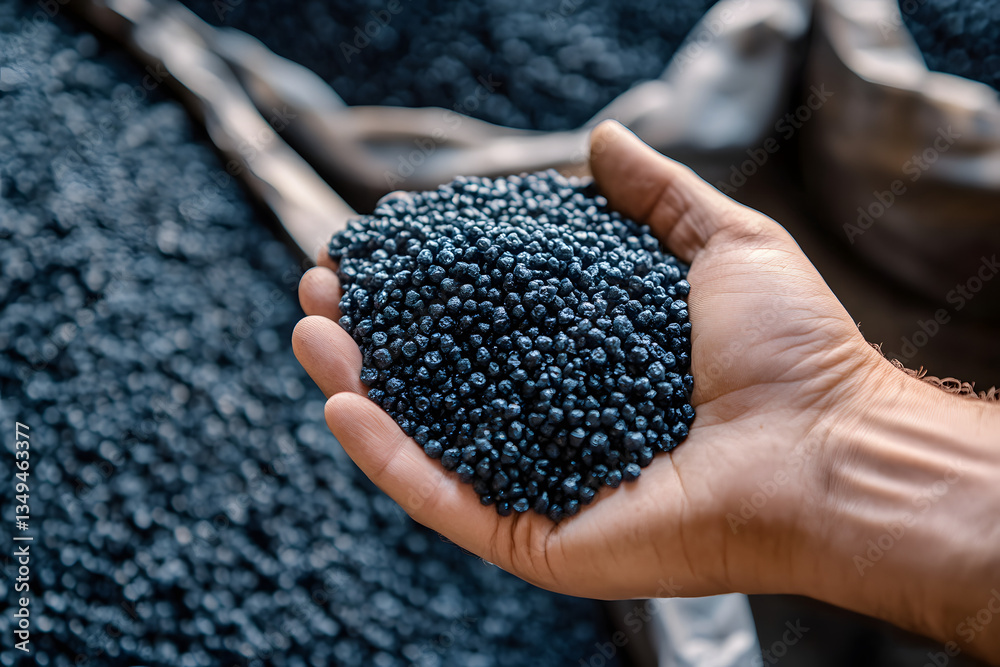Hand holding blue Plastic pellets Background Close-up Plastic granules Polymer plastic beads resin polymer Hand holding blue Plastic pellets Background Close-up Plastic granules Polymer plastic beads resin polymer