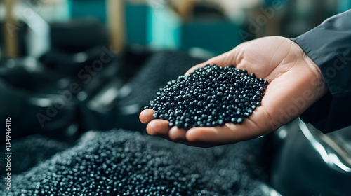 Hand holding black Plastic pellets Background Close-up Plastic granules Polymer plastic beads resin polymer