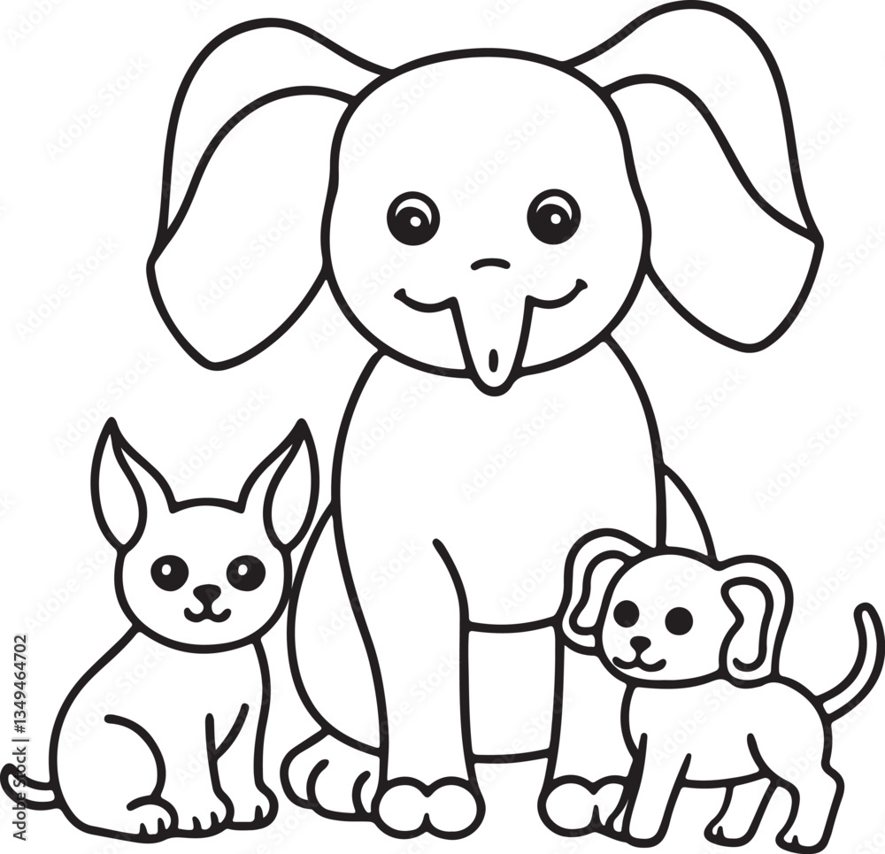 Obraz premium A kids' coloring page showcasing a vector silhouette of an elephant alongside two playful cats